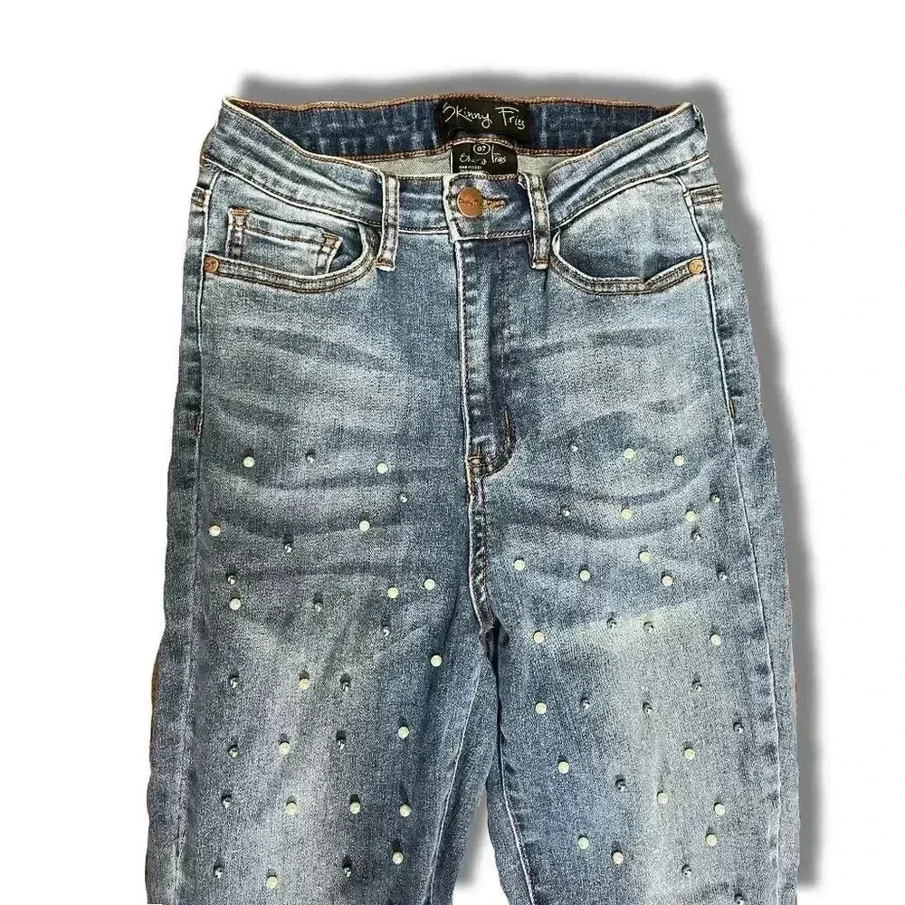 Skinny Fries Jeans Size 07 Blue Rhinestone Pearl Distressed Raw Hem Denim - Picture 8 of 9